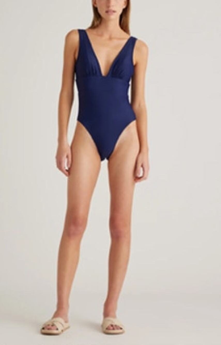 Quince NWT Italian Plunge One-Piece Swimsuit Large Navy